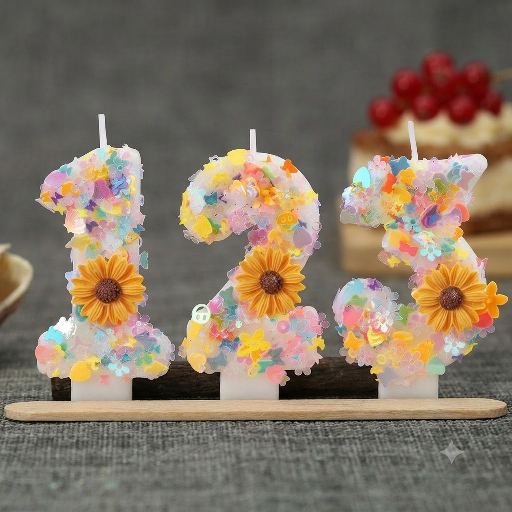 Holiday Candle Set - Zonnebloem Nummerkaarsen 0-9 Kleurrijke Glitter Pailletten