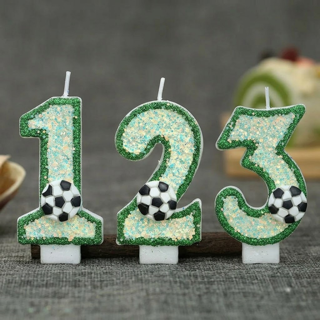Holiday Candle Set - 3D Voetbal Nummerkaarsen 0-9 Groene Glitter